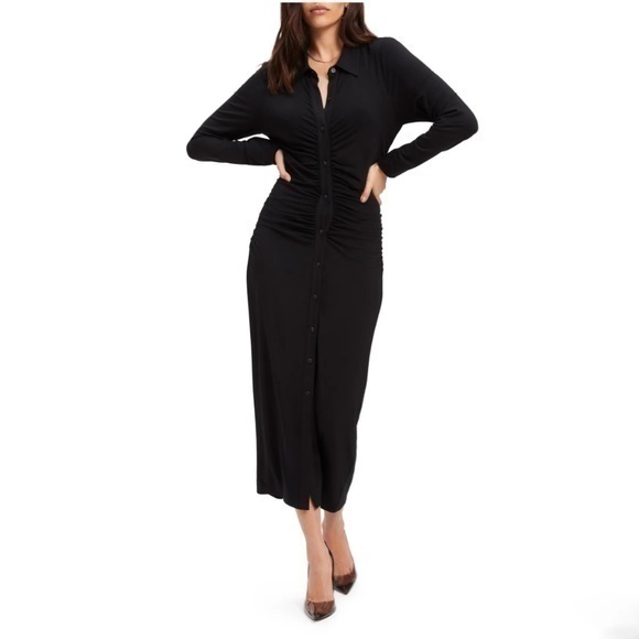 GOOD AMERICAN Black Good Touch Button Front Ruched Midi Dress - Picture 1 of 10